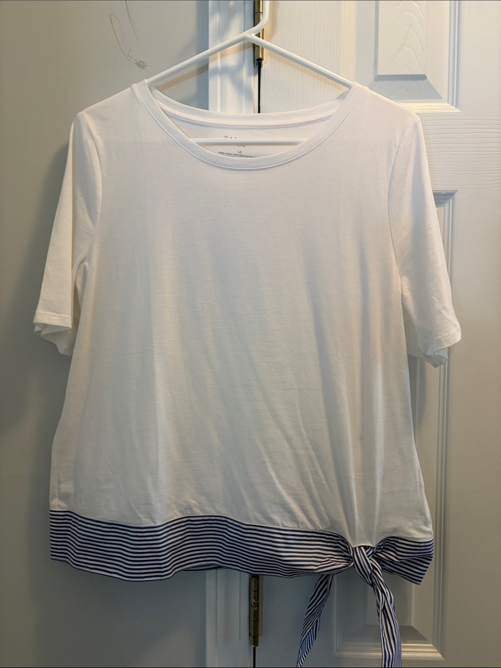 Talbots White Short-Sleeve Tee with Navy Striped Hem Tie